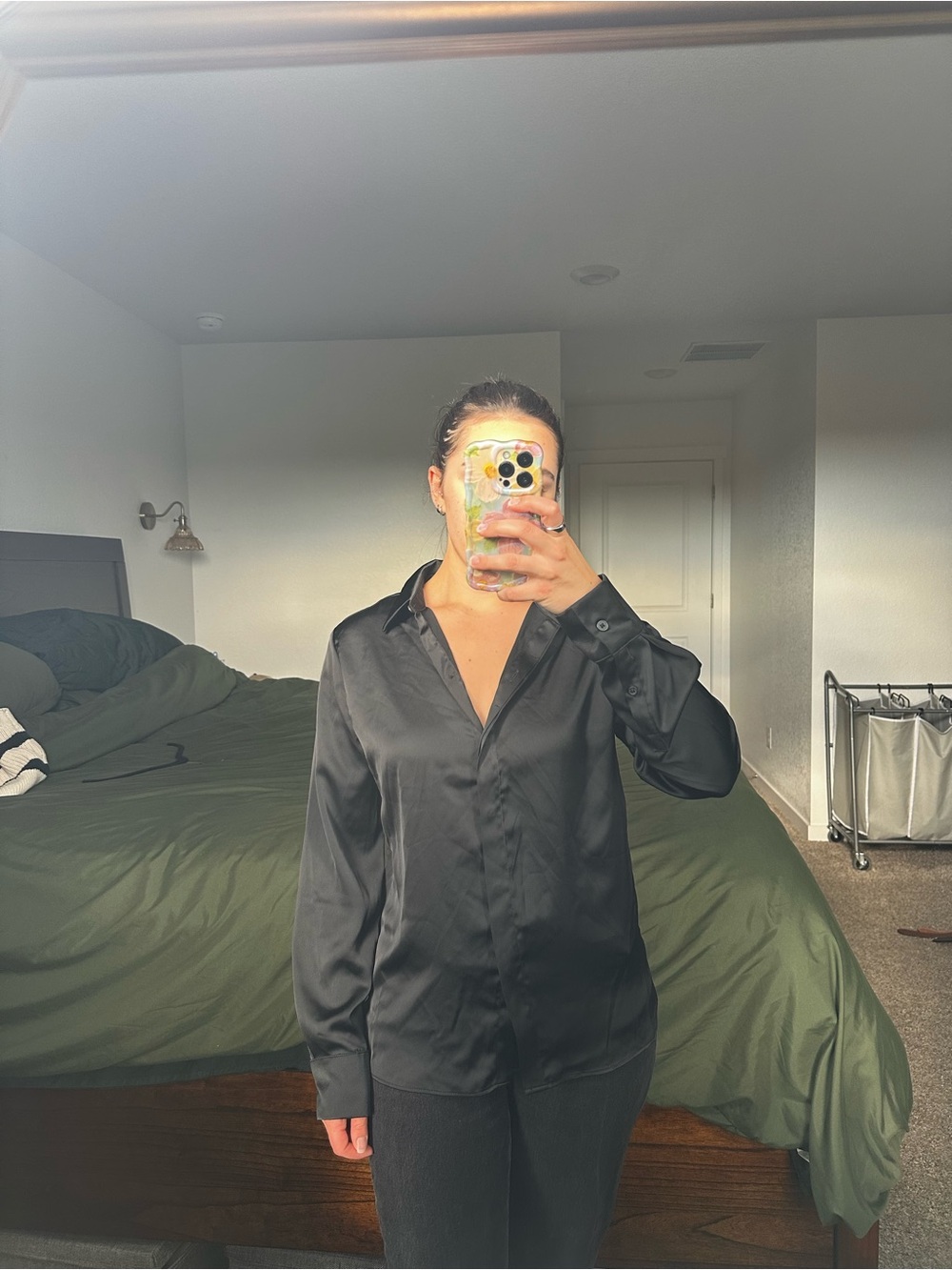 a new day Black Satin Button-Down Blouse
